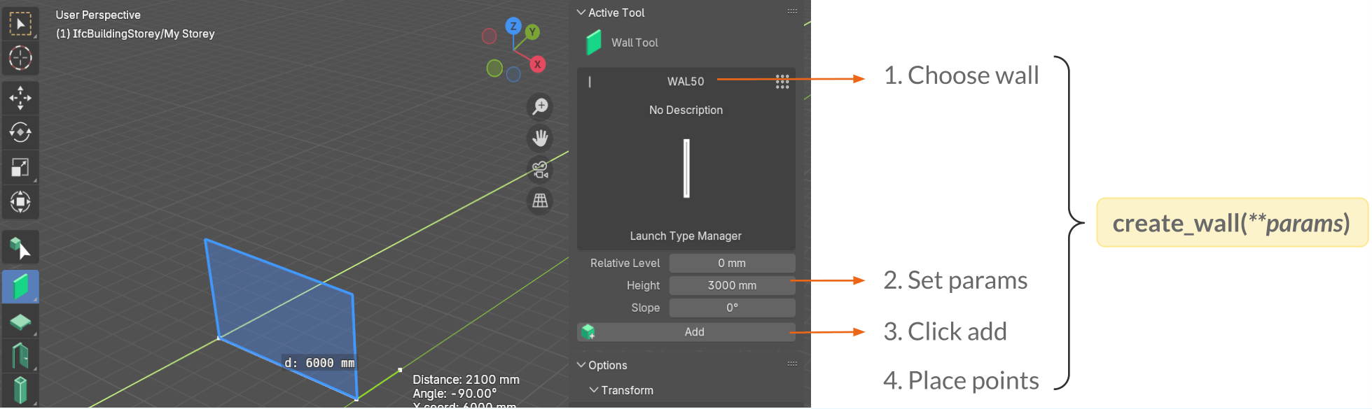 Mapping GUI operations to LLM tools: creating a wall in Bonsai takes four GUI steps (choose wall, set parameters, click add, place points) which IFC-Copilot encapsulates into a single create_wall(**params) tool call.